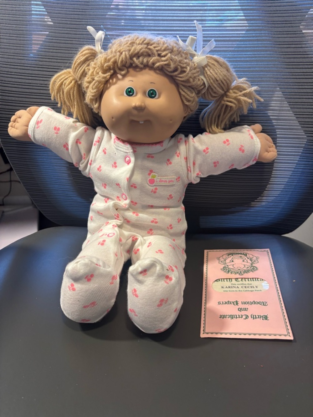 Classic Blonde Pigtail Cabbage Patch–Style Doll in White & Pink Sleepwear